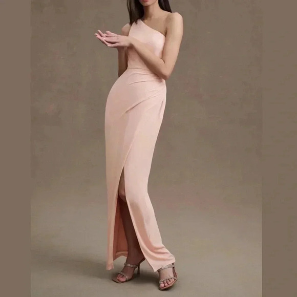 BHLDN Chloe Dusty Pink One-shoulder Side-Slit Stretch Dress Gown Size 4 - Picture 1 of 12